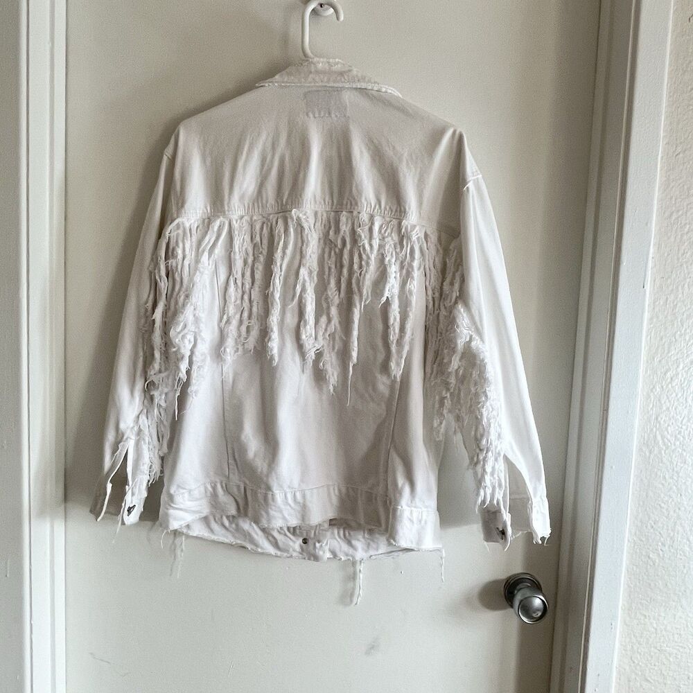 Zara Womens White Distressed Denim Jacket With Tassels Size S